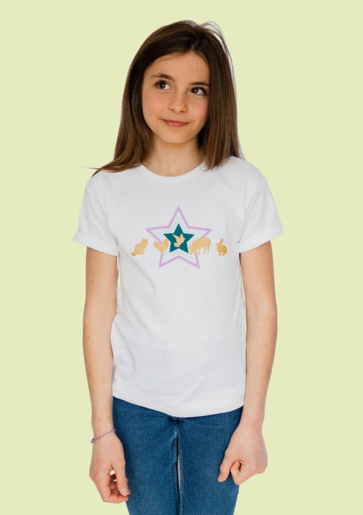 Girls White Star Print Logo Charity T-Shirt - Age 5-6 YRS - Brinsley Animal Rescue Shop