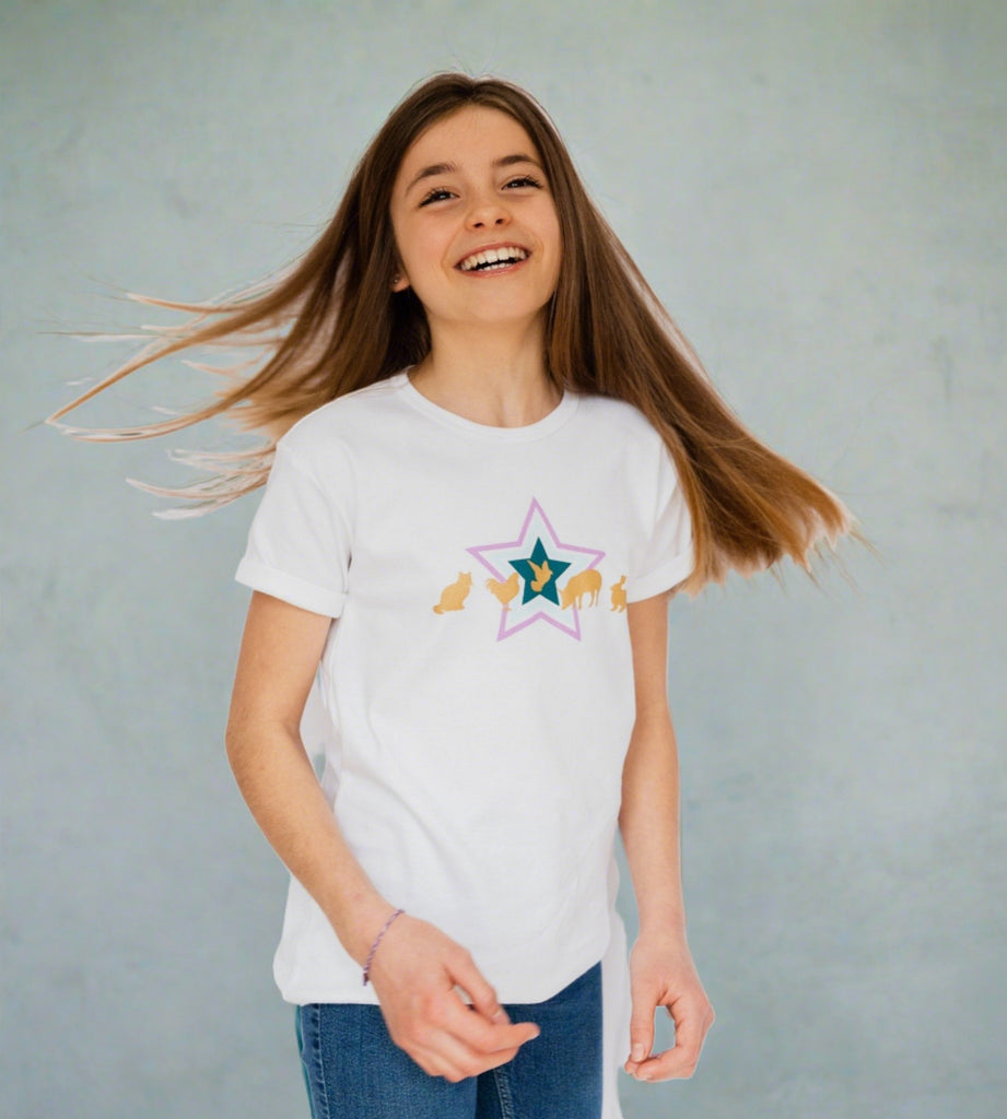Girls White Star Print Logo Charity T-Shirt - Age 7-8 YRS - Brinsley Animal Rescue Shop